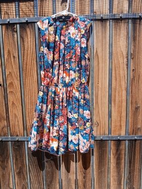 Teal Floral Pleated Mini Dress with Rust & Cream Blooms